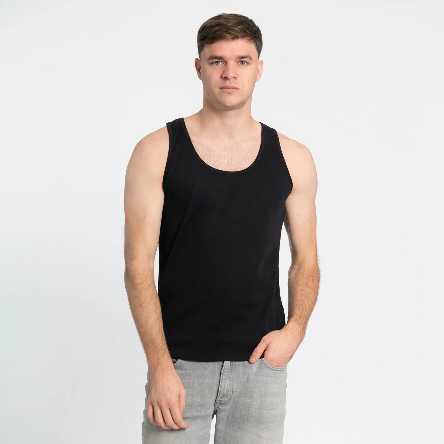 mens sustainable tee tank top color black