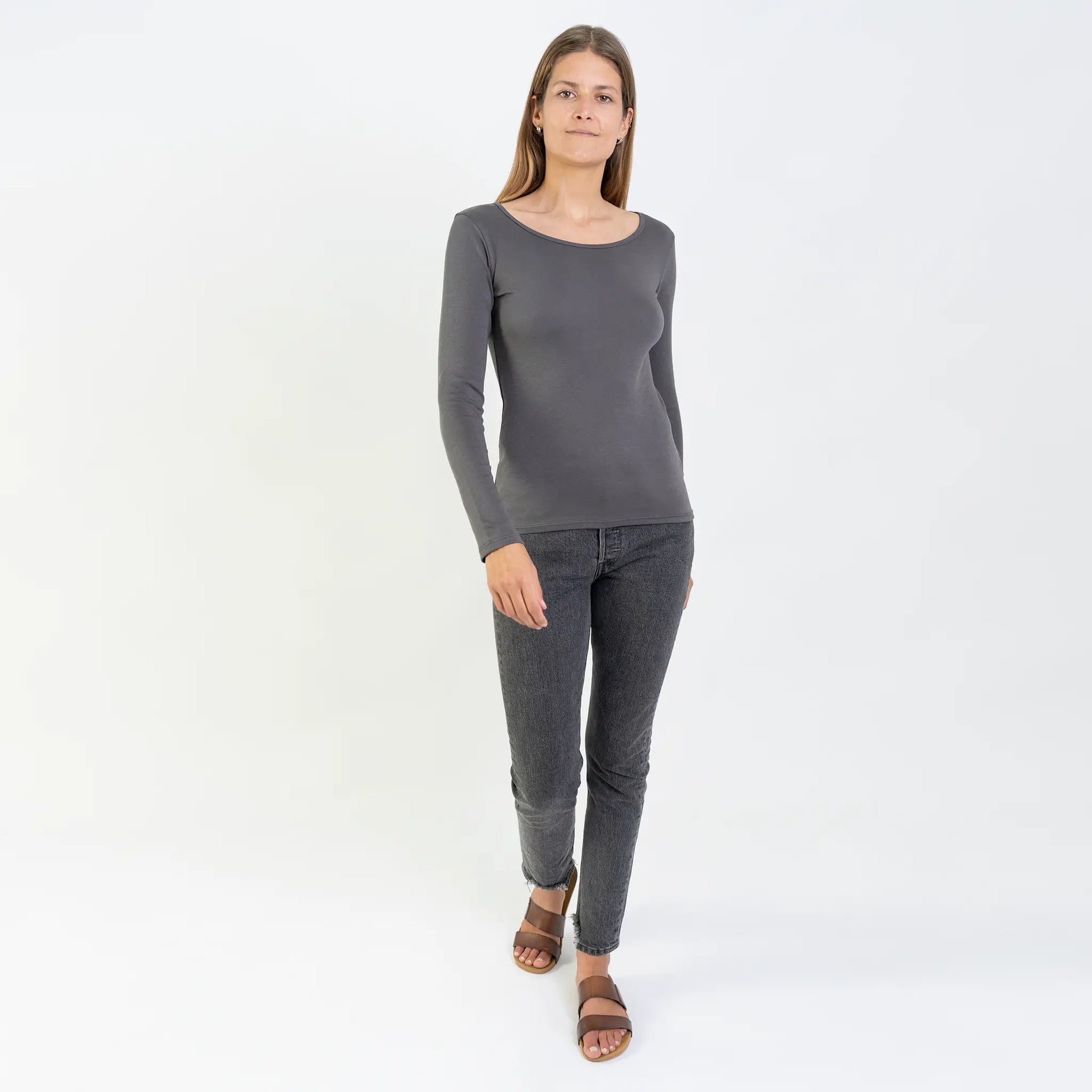 womens comfortable scoop neck long sleeve color natural gray