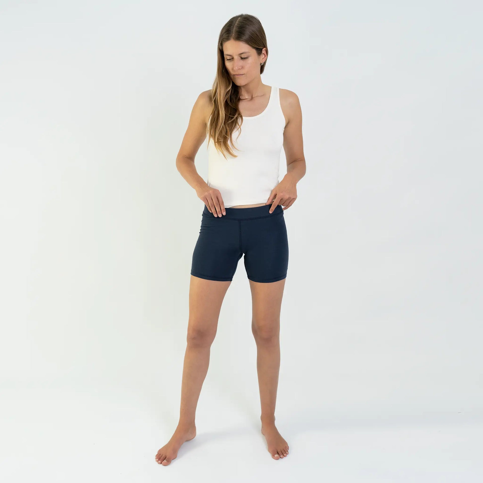 womens eco friendly biker shorts color navy blue