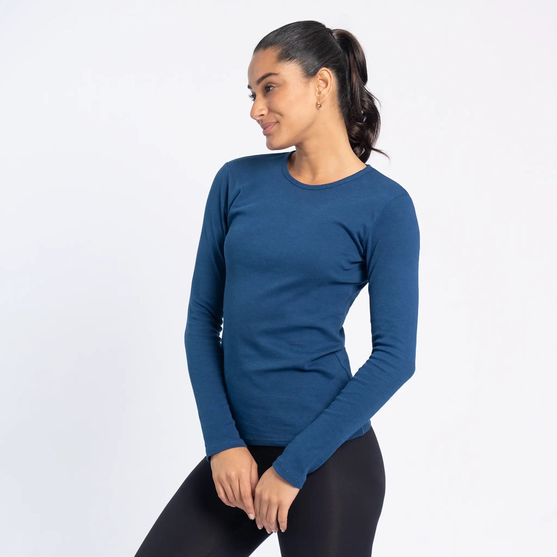 Women's Organic Pima Cotton Long Sleeve Shirt color Natural Blue
