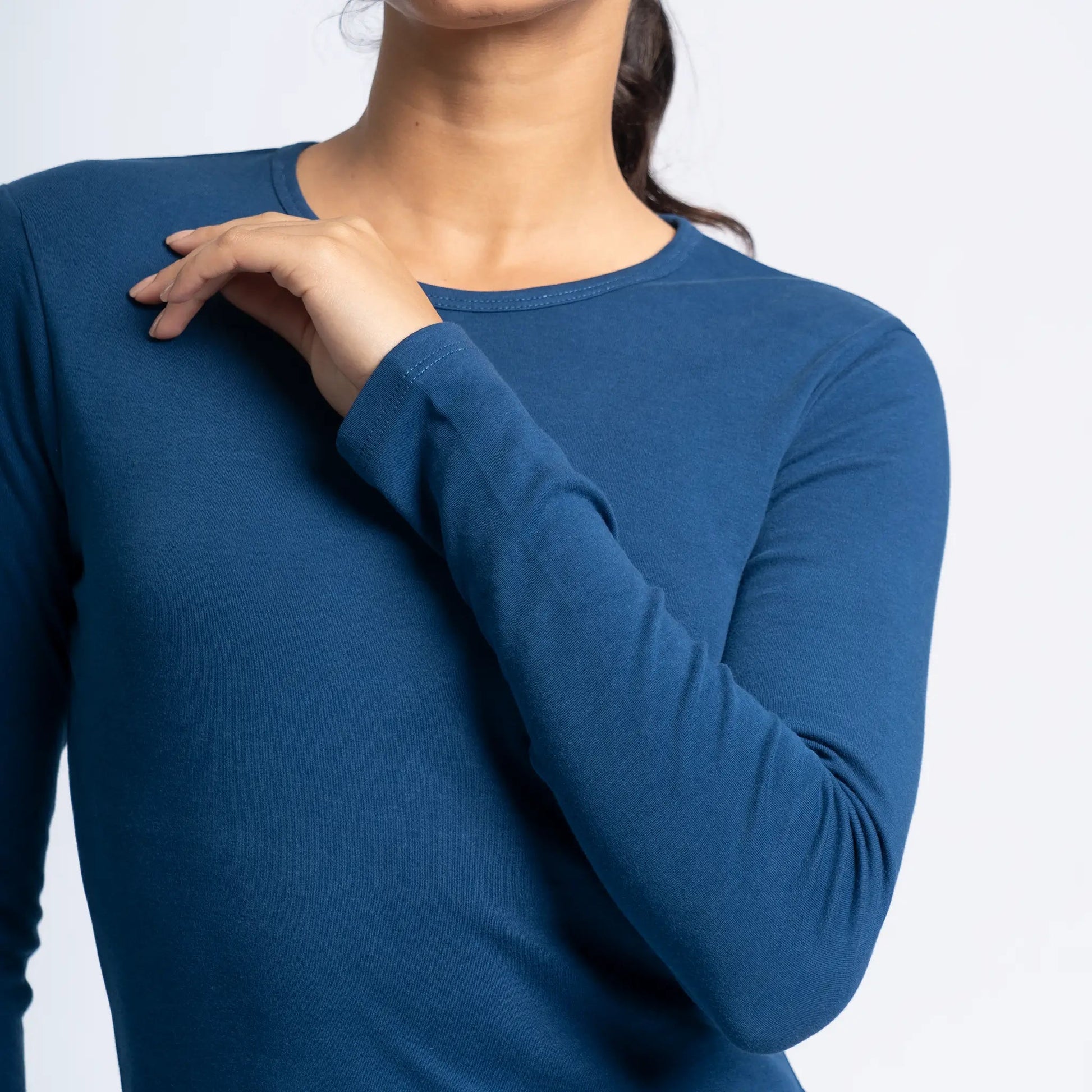 Women's Organic Pima Cotton Long Sleeve Shirt color Natural Blue