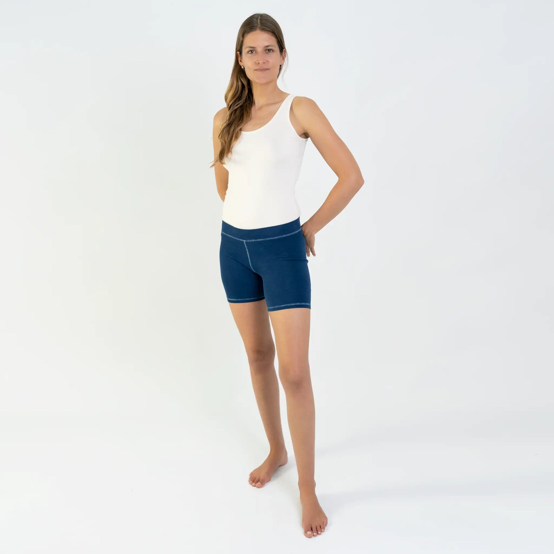 womens plastic free biker shorts color natural blue
