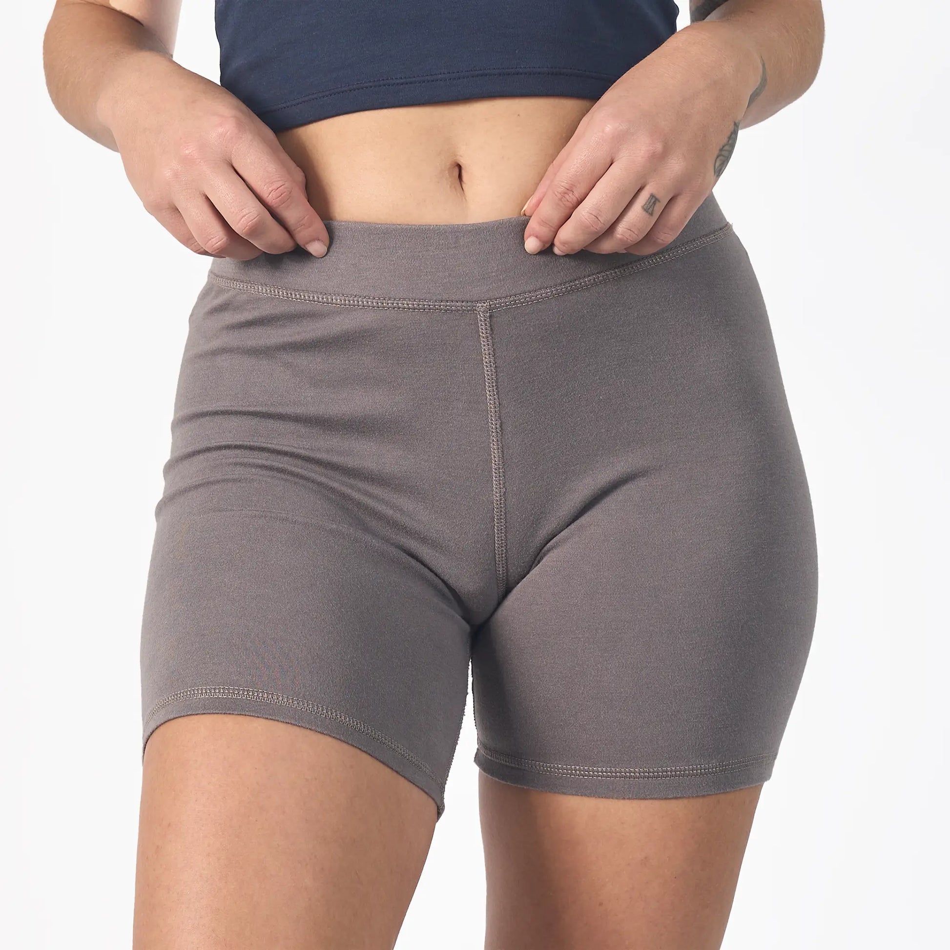 womens plastic free biker shorts color natural gray