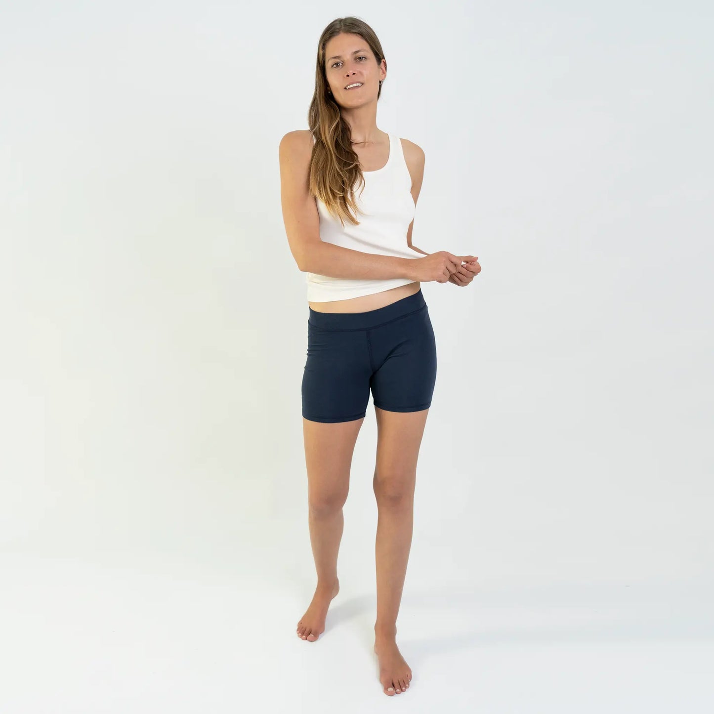 womens plastic free biker shorts color navy blue