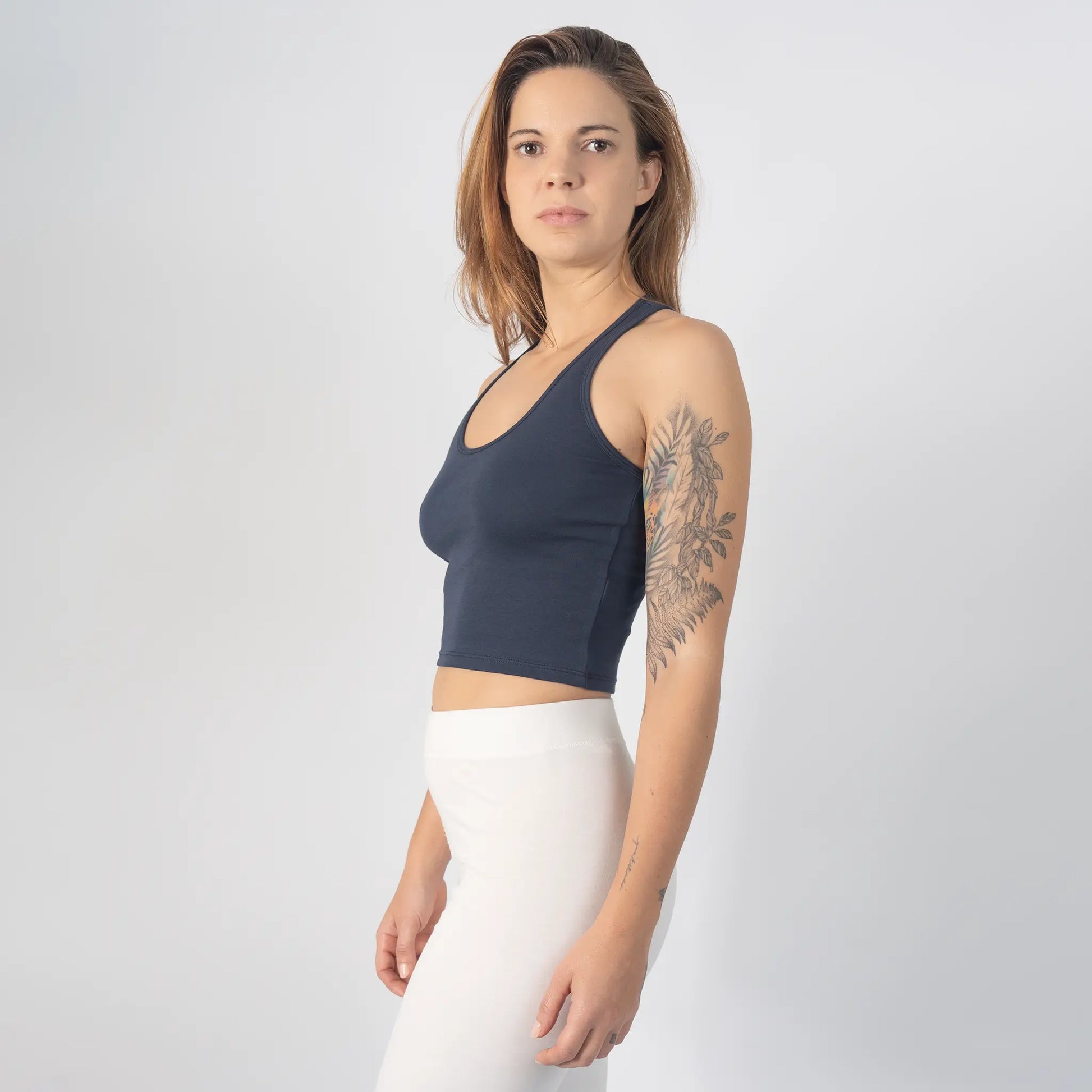 womens plastic free short tank color navy blue