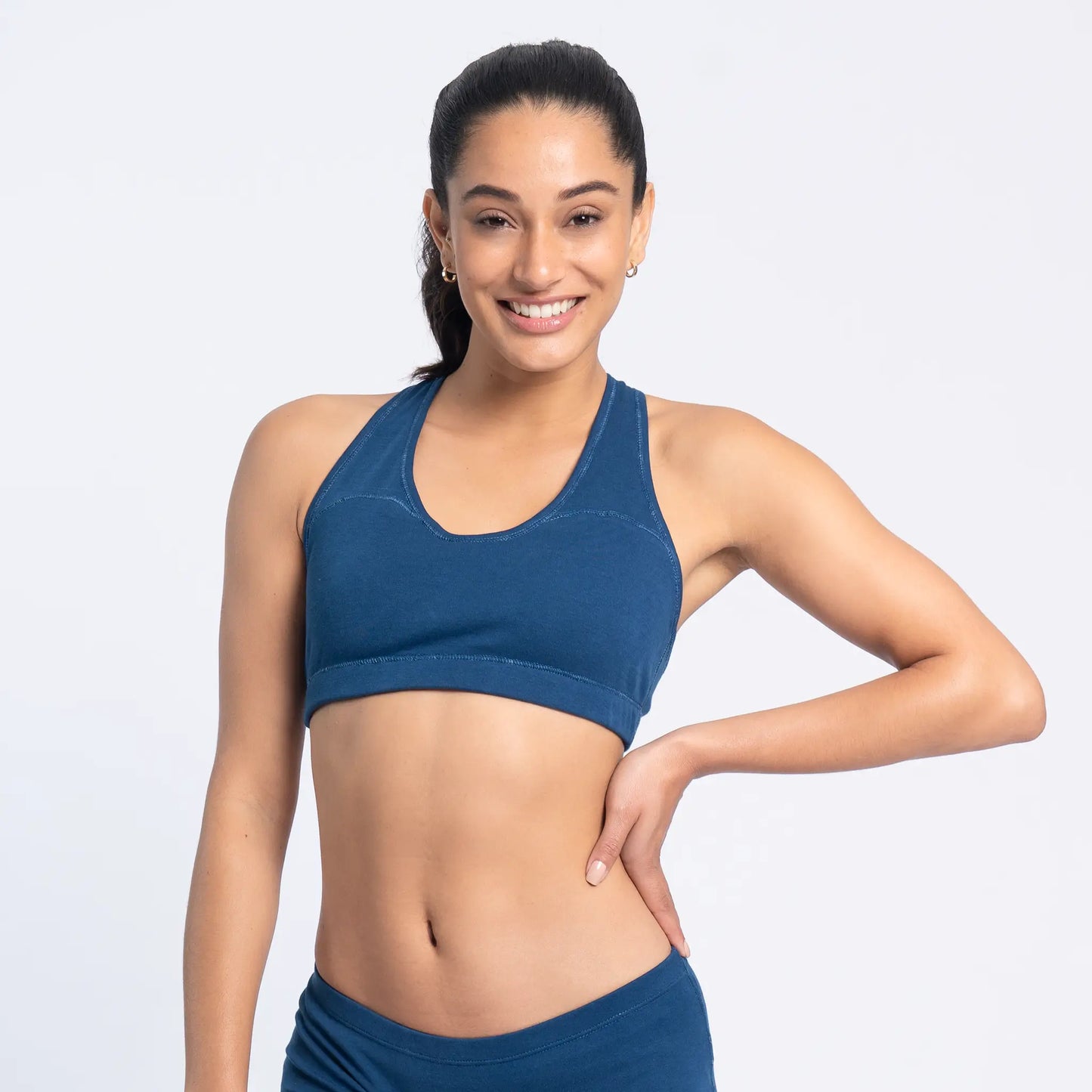 womens sustainable clothing sports bra color natural blue